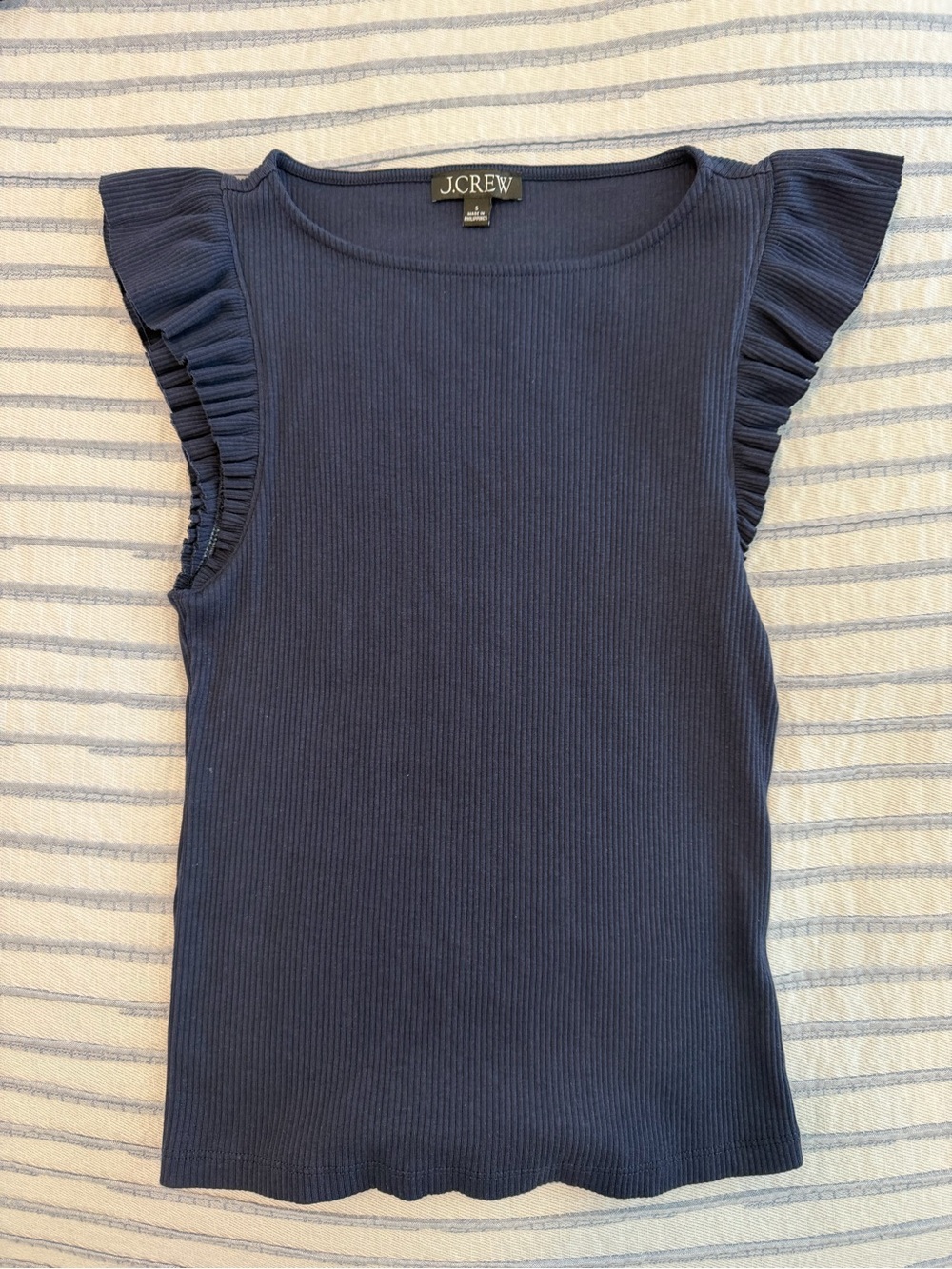 J. Crew Navy Ribbed Ruffle-Trim Sleeveless Tank